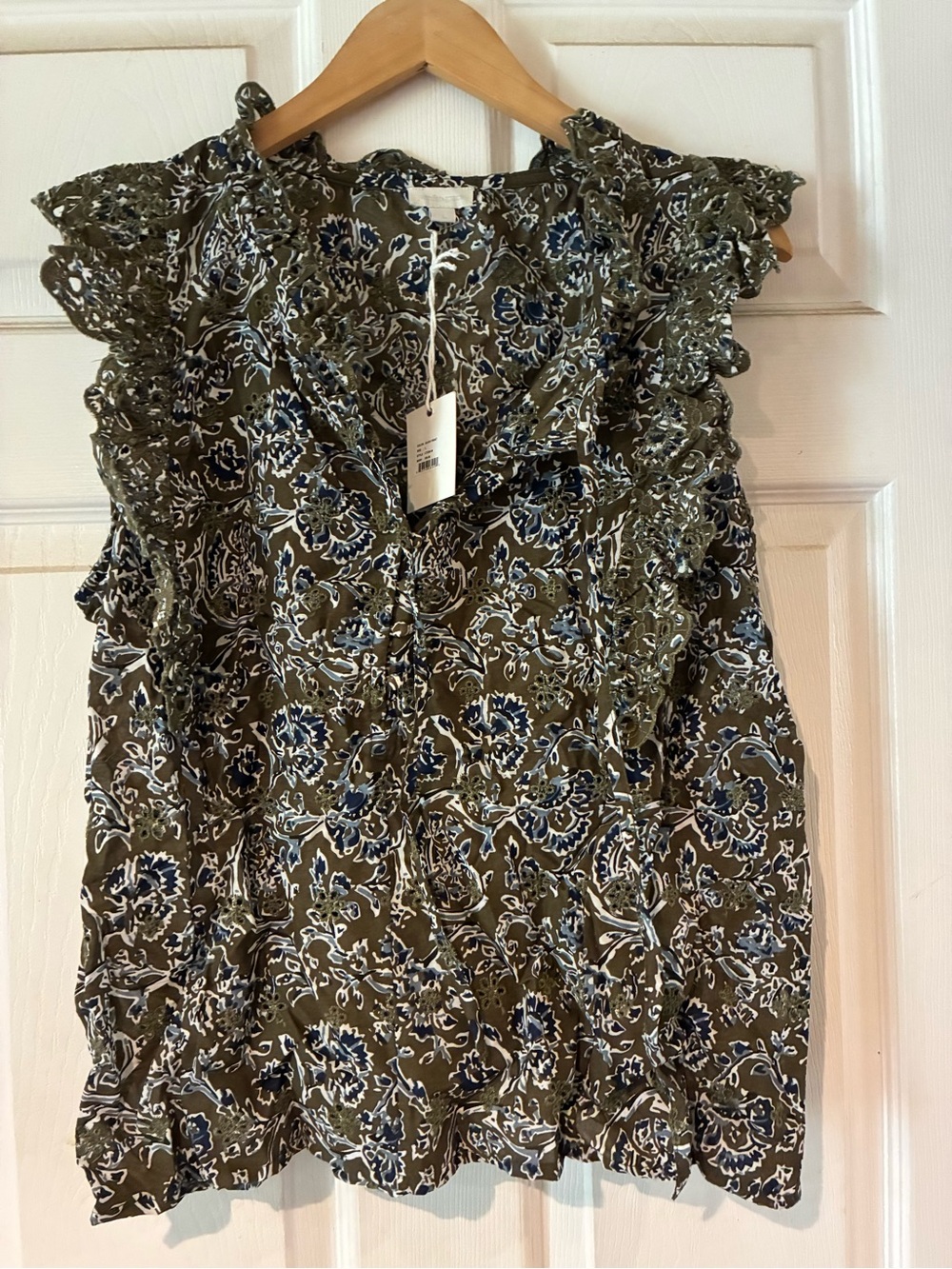 Floral Ruffle V-Neck Women's Top - Olive